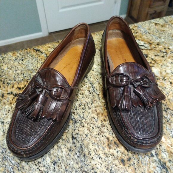 Johnston & Murphy Mens 7.5 M Brown Italian Leather Tassle Weave Loafers Shoes - Picture 5 of 12